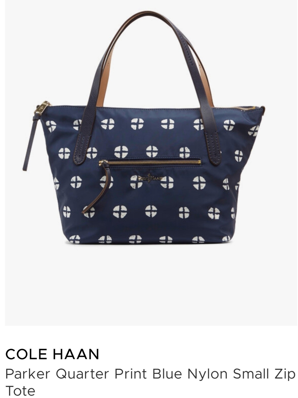 Cole Haan Navy Parker Quarter Print Nylon Small Zip Tote